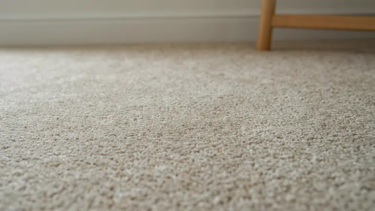Close-up of oatmeal carpet fibres in natural daylight
