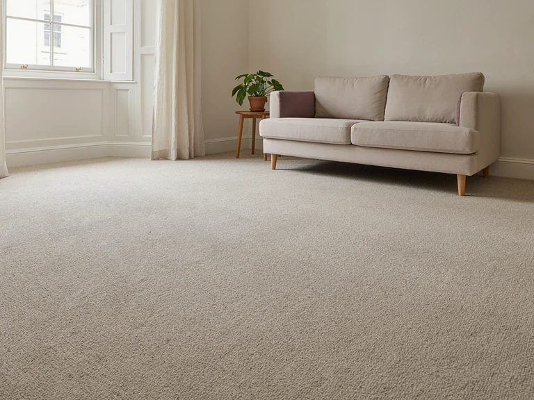 Light fitted carpet and a cream sofa in a bright living room