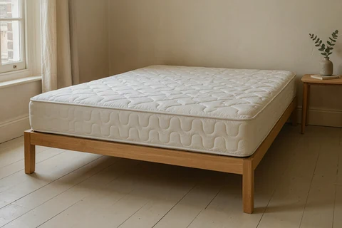 White quilted mattress on an oak bed frame