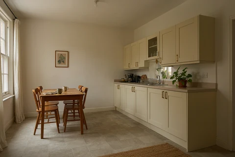 Kitchen and dining room with clear worktops and an oak table