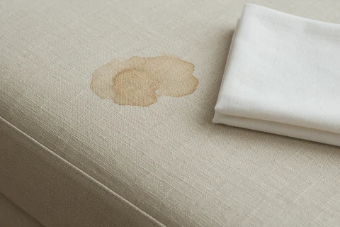 Tea-coloured stain on fabric upholstery beside a folded white cloth