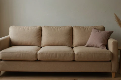 Cream fabric sofa with a muted plum cushion