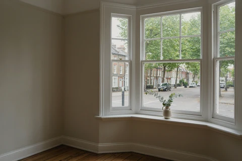 White sash windows overlooking a London residential street