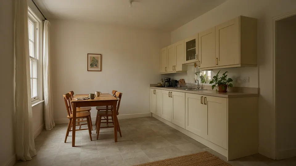 Everyday kitchen and dining space with cream cupboards and an oak table